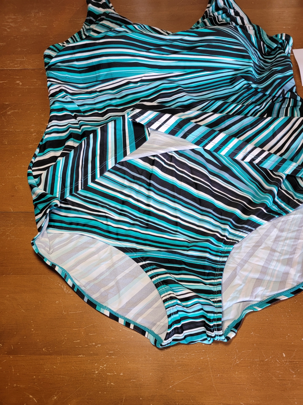 V-neck Prism Sarong Front Stylish One Piece Swimsuit Aqua & Black Sixe 3X - Picture 7 of 10